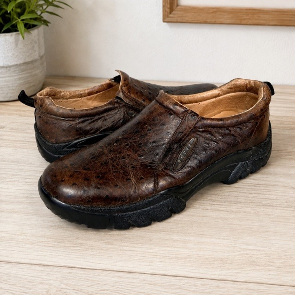 Roper Performance Mens 13 Brown Faux Ostrich Slip On Loafers Western Shoes